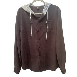 ROMWE Men’s Grey Corduroy Button-Up Hooded Shirt Fall Layer  Sz M